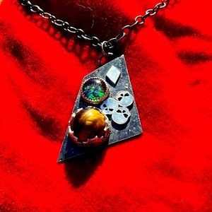 ONE OF A KIND Handmade skulls and web sterling silver necklace with tigers eye